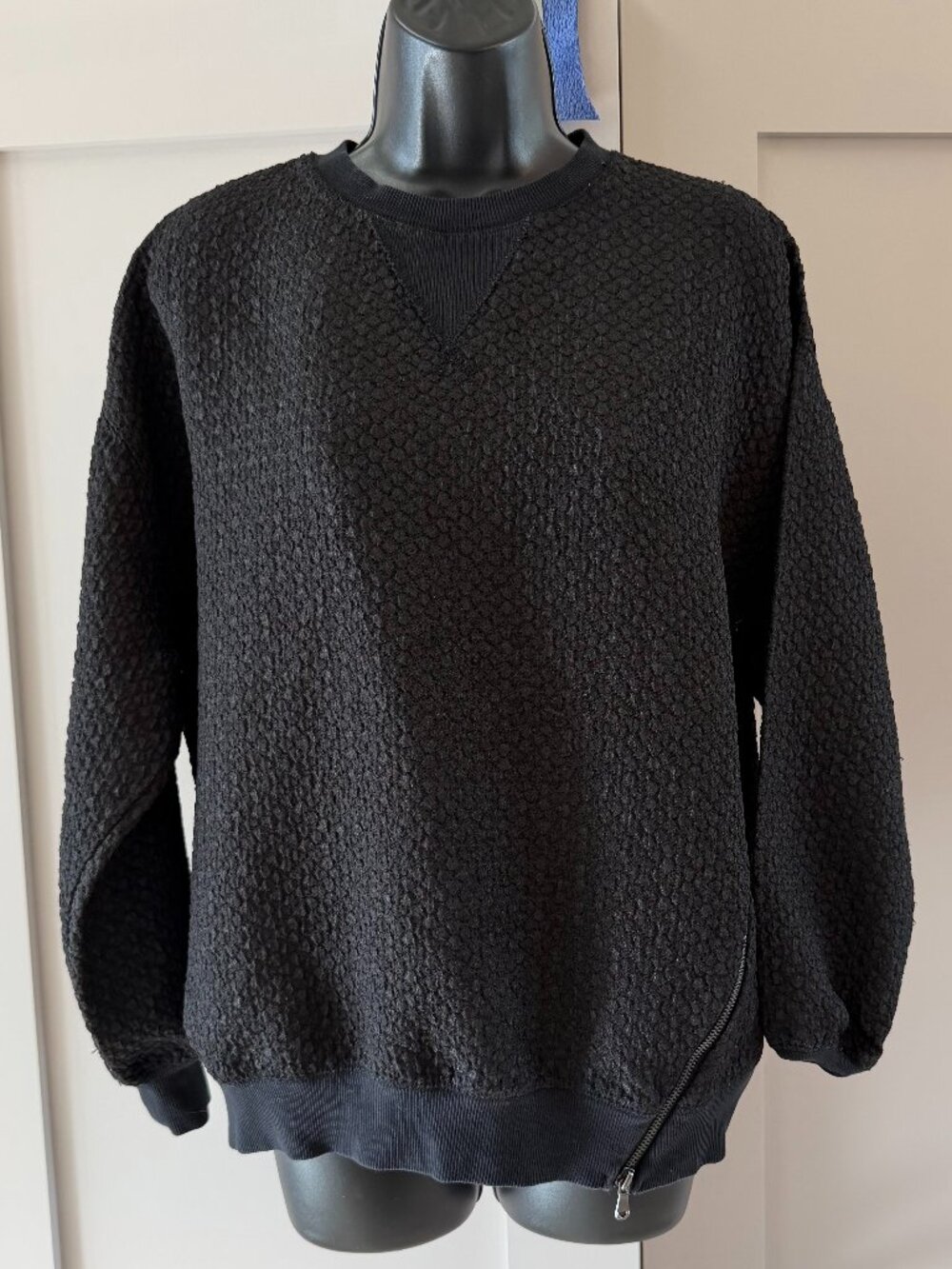 Silence & Noise Black Textured Bouclé Crewneck Sweatshirt Side Zip Detail